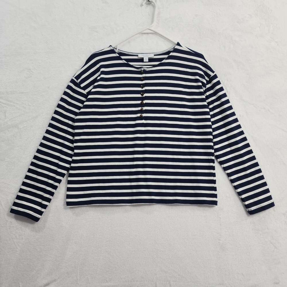Ann Taylor Weekend Top Womens M Blue White Striped Henley Long Sleeve Casual